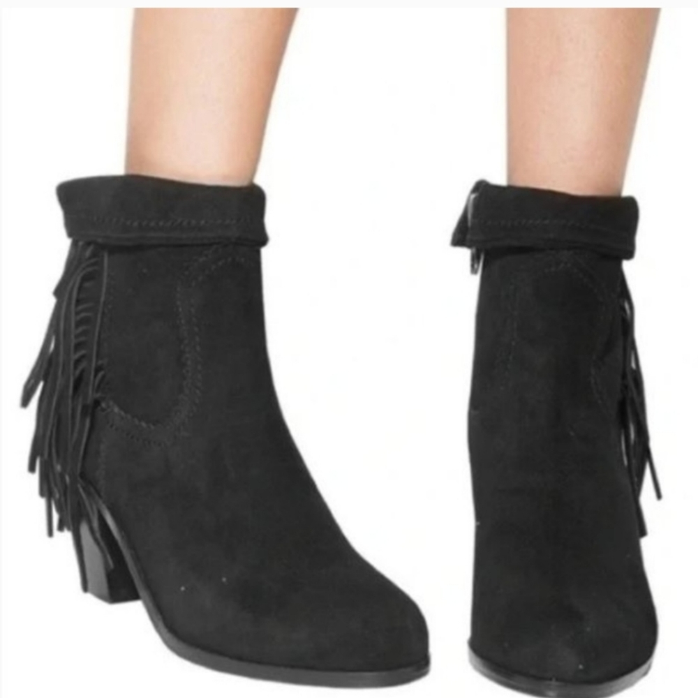 Sam Edelman sz 6 Louie Black Suede Leather Fringe Booties Western